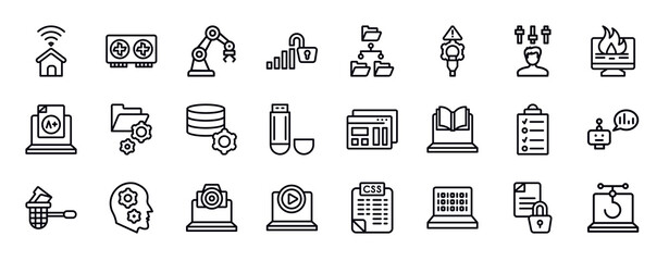 cyber security thin line icons collection. cyber security editable outline icons set. producer, data loss, grades, folder management, database management, usb flash drive stock vector.
