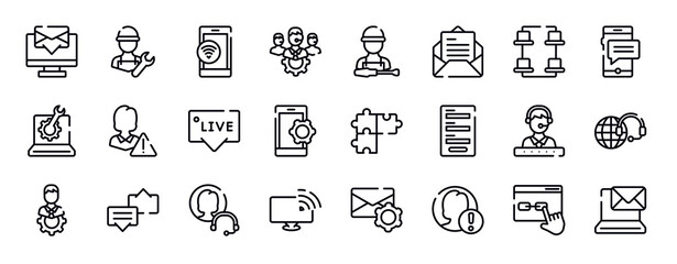 ways to contact us thin line icons collection. ways to contact us editable outline icons set. desk organization, sms message, technical support line, customer problem, live chat support, smarphone