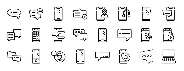 smart devices thin line icons collection. smart devices editable outline icons set. smartphone with big screen, cellphone ., square speech bubble, phone menu, phone chat, speech bubble stock vector.