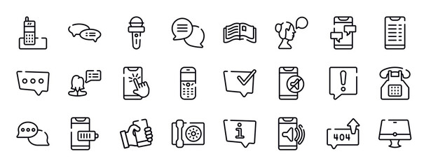 smart devices thin line icons collection. smart devices editable outline icons set. message from phone, transaction phone, three dots ellipsis, female, phone with touch screen, old speaker stock