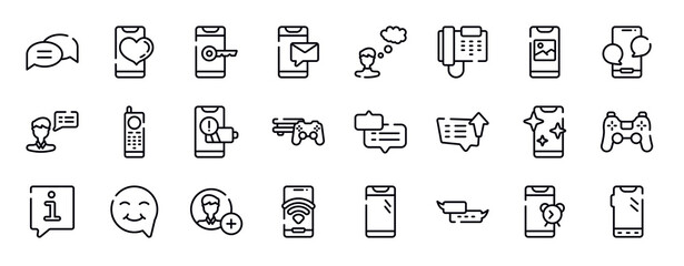 smartphones thin line icons collection. smartphones editable outline icons set. photo on phone screen, phone with message, male, first commercial phone, with low battery, video game console ps4