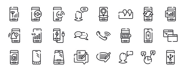 mobile phones thin line icons collection. mobile phones editable outline icons set. exchanging arrows, , bell interface, 4g phone connection, phone plug, chat bubbles with ellipsis stock vector.
