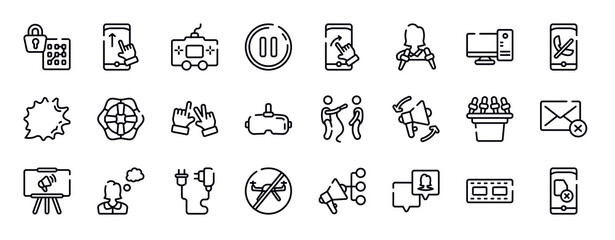 mobile functions thin line icons collection. mobile functions editable outline icons set. desktop computer, missed call, shout, lifeguard, , virtual reality glasses stock vector.