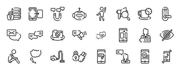 communication thin line icons collection. communication editable outline icons set. coffee break, door lock, emails, chat bubbles, rotate camera, testimony stock vector.