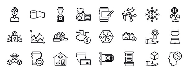 cryptocurrency thin line icons collection. cryptocurrency editable outline icons set. proof of burn, decentralized, personal security, debit card, devaluation, yen stock vector.