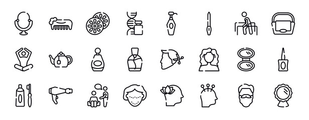 beauty thin line icons collection. beauty editable outline icons set. physiotherapy, big hand bag, meditation, tea pot, beauty perfume, small perfume bottle stock vector.