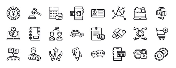 economy thin line icons collection. economy editable outline icons set. cybercrime, convert, bank online, contact list, competitor, old car stock vector.