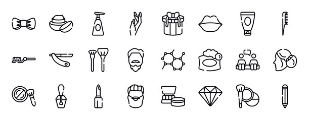 beauty and fashion thin line icons collection. beauty and fashion editable outline icons set. shaving cream, hairbrush, teeth brush, shave blade, make up brush, man with goatbeard stock vector.