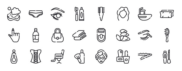 beauty salon thin line icons collection. beauty salon editable outline icons set. hair washer sink, pillow, finger with nail, inclined bottle, women handbag, folded towel stock vector.