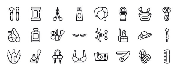 beautiful thin line icons collection. beautiful editable outline icons set. little makeup box, electric shaver for women, parfum, french perfume bottle, cosmetic tools, two eyelashes stock vector.