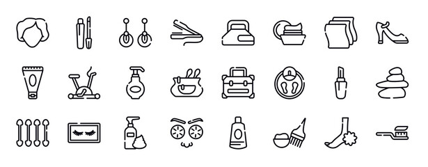 Fototapeta premium beauty & spa thin line icons collection. beauty & spa editable outline icons set. cleaning wipes, high heel shoe, anti aging cream, null, moisturizing lotion, cosmetic bag stock vector.