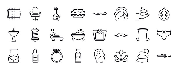 beauty thin line icons collection. beauty editable outline icons set. hygienic, hairy, washbowl, barbershop pole, relaxing, foam stock vector.