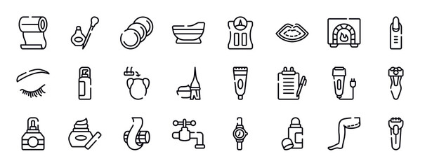 beauty and spa thin line icons collection. beauty and spa editable outline icons set. burner, nail, eyelash, hair spray, hair transplant, dye stock vector.