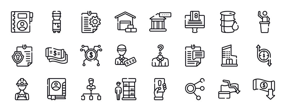 business thin line icons collection. business editable outline icons set. oil barrel, auctioneer, permission, money flow, spreading, officer stock vector.