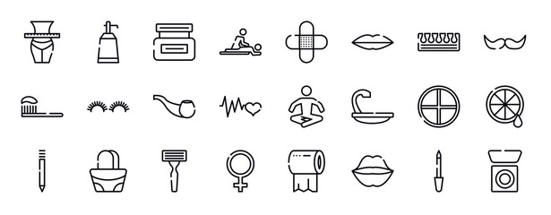 Fototapeta premium beauty thin line icons collection. beauty editable outline icons set. toe separator, facial hair, brushing, grace, smoking pipe, cardiogram stock vector.