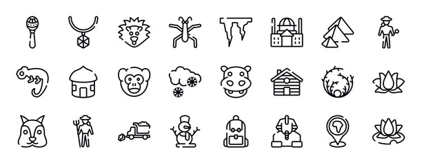 wildlife thin line icons collection. wildlife editable outline icons set. pyramid, explorer, chameleon, hut, monkey, snowing stock vector.