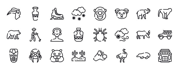 in the zoo thin line icons collection. in the zoo editable outline icons set. safari, monkeys, carnivore, gardener, african man, canteen stock vector.