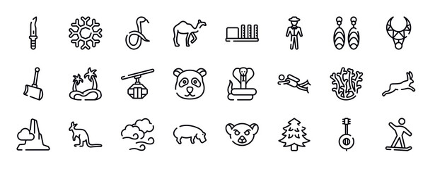 winter nature thin line icons collection. winter nature editable outline icons set. earrings, necklace, shovel, oasis, cable car cabin, panda stock vector.