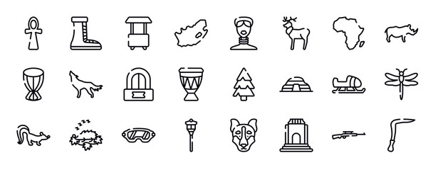 Obraz premium africa thin line icons collection. africa editable outline icons set. africa, rhino, african drum, wolf, ticket office, drum stock vector.