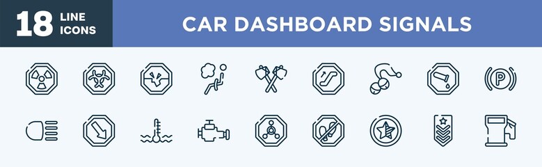 set of car dashboard signals icons in outline style. car dashboard signals thin line icons collection. radiactive, biological hazard, road collapse, airbag, native american axes, or vector.