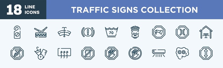 set of traffic signs collection icons in outline style. traffic signs collection thin line icons collection. do not disturbe, native americandrum, windshield washer, brake system warning, 70