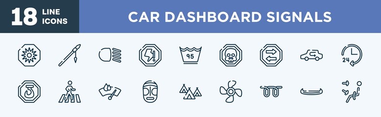 set of car dashboard signals icons in outline style. car dashboard signals thin line icons collection. uv ray warning, native american spear, low beam, lightning warning, 95 degrees, death vector.