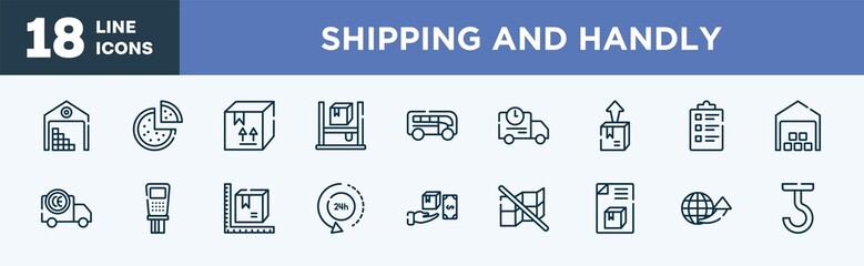 set of shipping and handly icons in outline style. shipping and handly thin line icons collection. stack in deposite, pizzas, cardboard box with fragile items, asrs, buses, shipping truck vector.