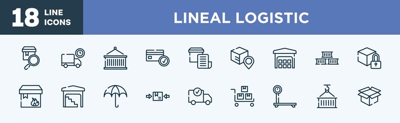 set of lineal logistic icons in outline style. lineal logistic thin line icons collection. checking, truck delay, lift package, card check, delivery invoice, track package vector.