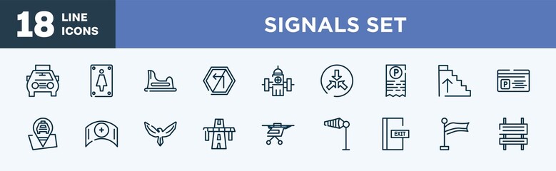 set of signals set icons in outline style. signals set thin line icons collection. solar taxi, women toilet, baby toilet, no turn left, water bomb city supplier, converging vector.