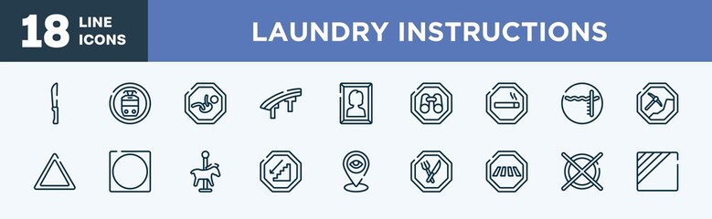 set of laundry instructions icons in outline style. laundry instructions thin line icons collection. strong knife, tram stop, baby zone, flyover bridge, woman portrait, site seeing place vector.