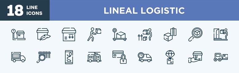 Fototapeta na wymiar set of lineal logistic icons in outline style. lineal logistic thin line icons collection. weighting, light weight, side down, delivering box, box weight, lift up vector.