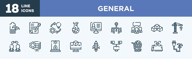 set of general icons in outline style. general thin line icons collection. eco battery, copywriting, implementation, chemical lab, hr software, classification vector.