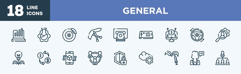 set of general icons in outline style. general thin line icons collection. info chart, bioengineering, disk brake, inauguration, atm cash, digital product vector.