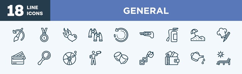 set of general icons in outline style. general thin line icons collection. brush history, win, heart in flames, pair of binoculars, clockwise, stationery knife vector.
