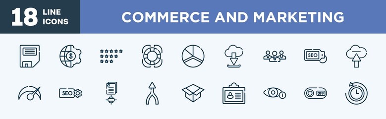 set of commerce and marketing icons in outline style. commerce and marketing thin line icons collection. disquette, finances, ratings, rescue, charts, download from cloud vector.