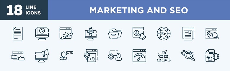 set of marketing and seo icons in outline style. marketing and seo thin line icons collection. content management, play video, add link, rocket launch monitor, two black folders, monetizing vector.