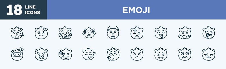 set of emoji icons in outline style. emoji thin line icons collection. liar emoji, downcast with sweat shocked worried dog injured vector.