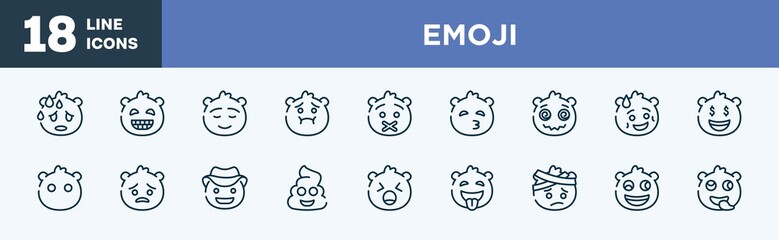 set of emoji icons in outline style. emoji thin line icons collection. sweating emoji, grinning calm nauseated muted kissing with closed eyes vector.