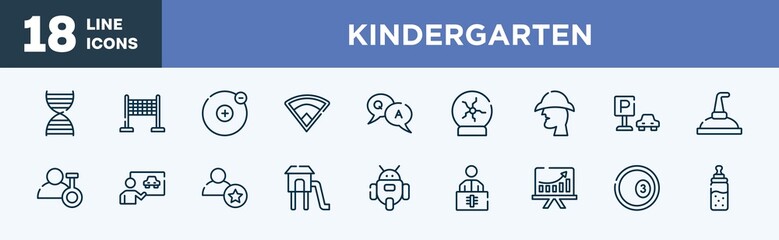 set of kindergarten icons in outline style. kindergarten thin line icons collection. dna structure, finish line, electron, baseball field, qa, plasma ball vector.