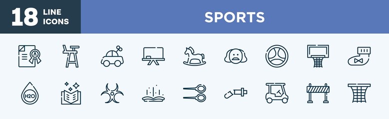 set of sports icons in outline style. sports thin line icons collection. grade, highchair, toy car, chalkboard, hobby horse, shakespeare vector.
