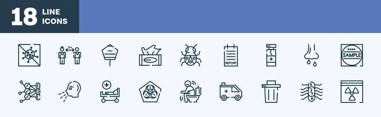 set of icons in outline style. thin line icons collection. antiviral, keep distance, stay informed, tissue, bug, report vector.