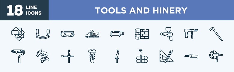 set of tools and hinery icons in outline style. tools and hinery thin line icons collection. color pack, mezzaluna, protection glasses, tipper truck, hacksaw with handle, linoleum vector.