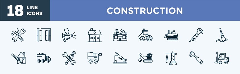 set of construction icons in outline style. construction thin line icons collection. work tools cross, doors open, paint airbrush, house hand drawn building, toolbox, roller hine of construction