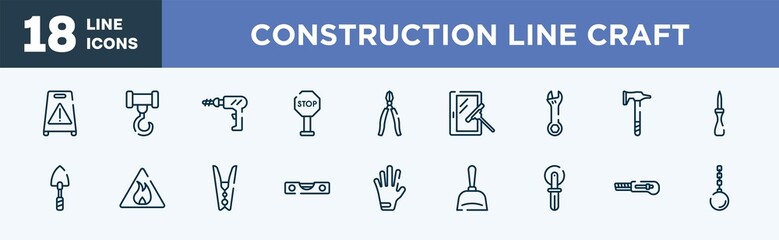 set of construction line craft icons in outline style. construction line craft thin line icons collection. wet floor, crane hook, perforator, stopping, big pliers, window cleaner vector.