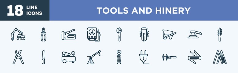 set of tools and hinery icons in outline style. tools and hinery thin line icons collection. trucking, nippers, big stapler, electric gauge, wood cutter, dyupel vector.