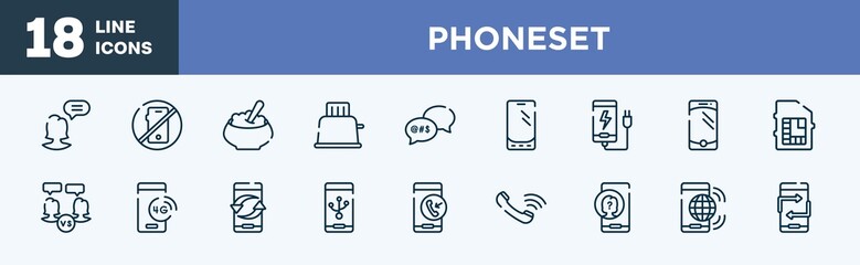 set of phoneset icons in outline style. phoneset thin line icons collection. chief, no calls, porridge, toaster, swearing, mobile phone de vector.