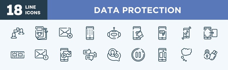 set of data protection icons in outline style. data protection thin line icons collection. job interview, , deleted, dial pad, bot, pinch vector.