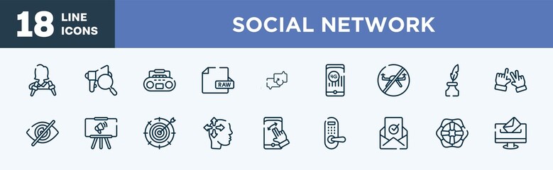set of social network icons in outline style. social network thin line icons collection. journalist, expertise, tape player, raw file, backup, 4g vector.