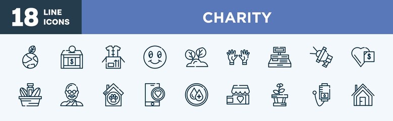 set of charity icons in outline style. charity thin line icons collection. enviromental protection, donation box, clothes donation, smiley face, reforestation, voluntary service vector.