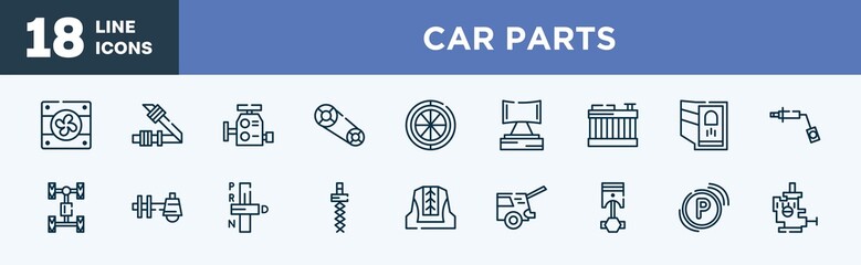 set of car parts icons in outline style. car parts thin line icons collection. car fan, seat belt or safety belt, carburettor, camshaft, spare wheel, headrest vector.